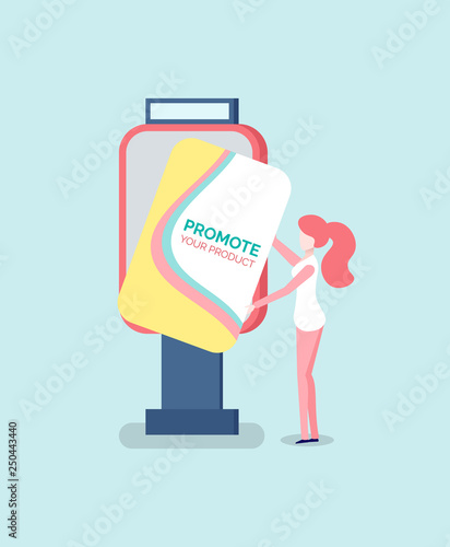 Advertisement outside vector, outdoors billboard with information for customer. Promotion and marketing of product. Adverts on board, woman working