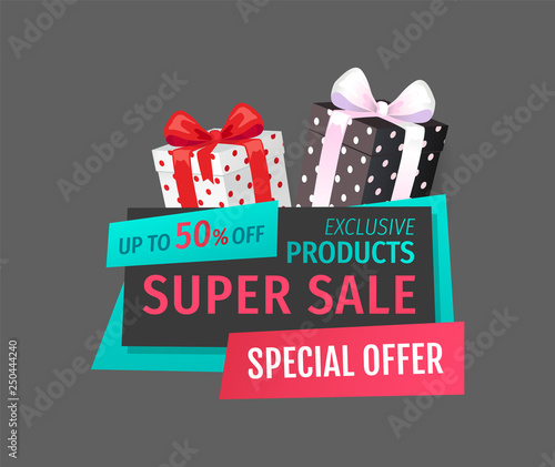 Up 50 percent reduction of price, discount label with presents vector. Premium proposition, gifts with special offers. Exclusive products sellout