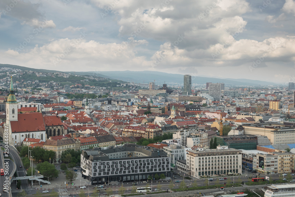 Beautiful panorama of Bratislava Downtown.View of day town.Cityscape at twilight.Traveling concept background.The landscape of the old historical city.Architecture,buildings Slovakia,Europe