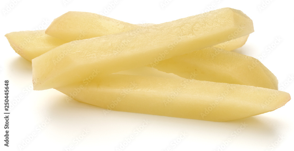Raw Potato sliced strips prepared for French fries isolated on white background Raw Potato sliced strips prepared for French fries isolated on white background