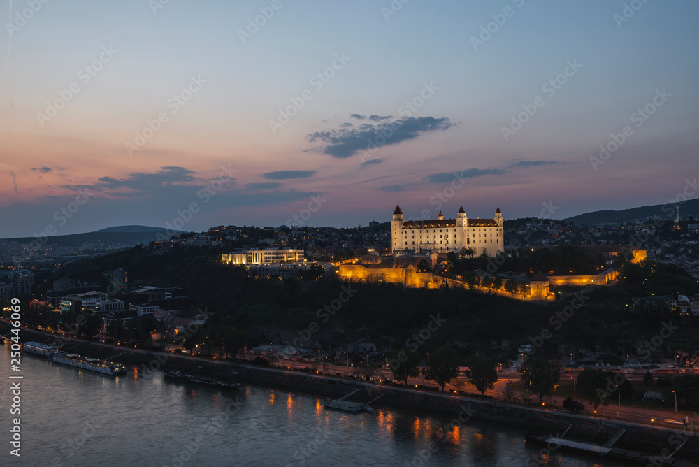 Beautiful panorama of  Bratislava Downtown.View of town during the sunset.Cityscape at twilight.Traveling concept background.The landscape of the old city.Architecture,  buildings Slovakia Europe