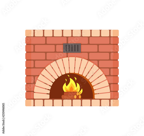 Fireplace of fireproof brick, arch hearth, brickwork piece of furniture home decoration. Wooden logs and bright burning fire vector isolated icon
