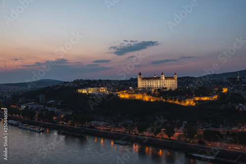 Beautiful panorama of  Bratislava Downtown.View of town during the sunset.Cityscape at twilight.Traveling concept background.The landscape of the old city.Architecture   buildings Slovakia Europe