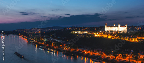 Beautiful panorama of  Bratislava Downtown.View of town during the sunset.Cityscape at twilight.Traveling concept background.The landscape of the old city.Architecture,  buildings Slovakia Europe © mykola