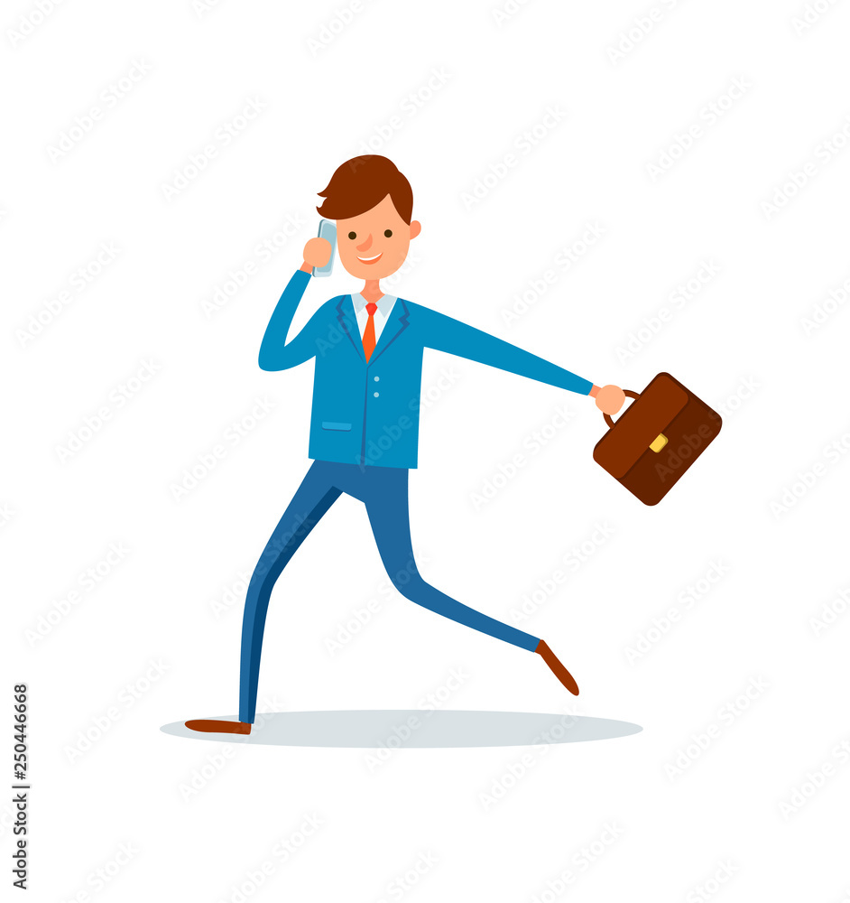 Man director talking on phone and running to work vector. Businessman with briefcase and papers in case, executive worker. Rush time late for job Man director talking on phone and running to work vector. Businessman with briefcase and papers in case, executive worker. Rush time late for job