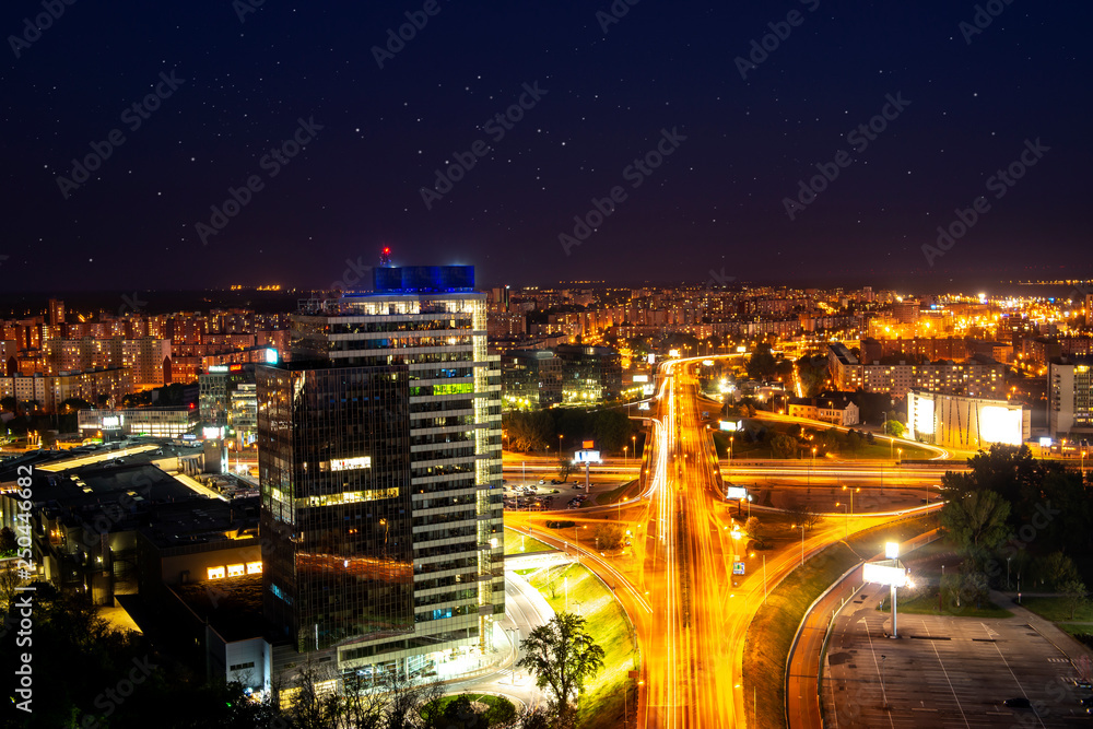 Beautiful panorama of  Bratislava Downtown.View of night town.Cityscape at twilight.Traveling concept background.The landscape of the old historical city.Architecture,  buildings Slovakia,Europe