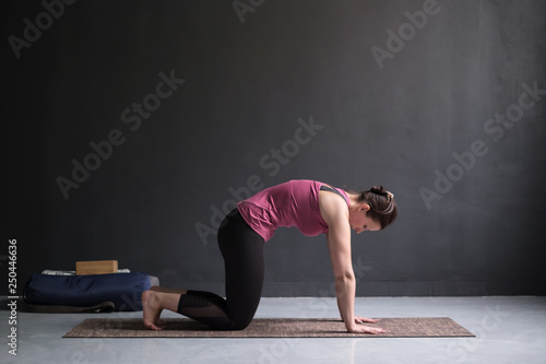 Woman working out ag doing yoga or pilates exercise. Cat, Marjaryasana photo