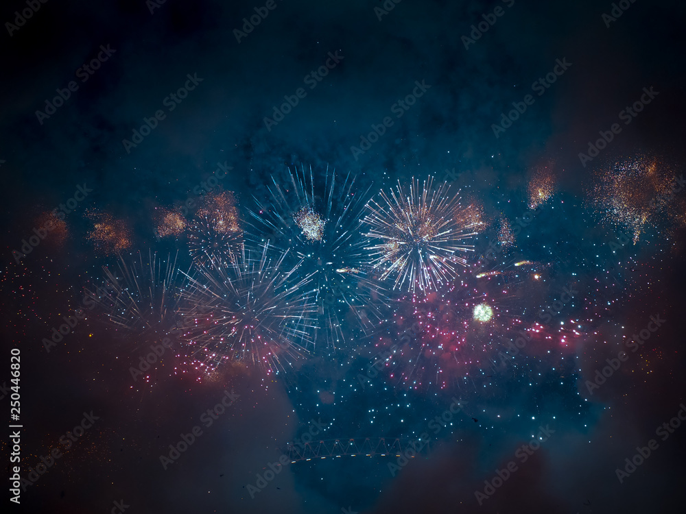 Fototapeta premium The London New year fireworks display captured from the central Barge on the River Thames
