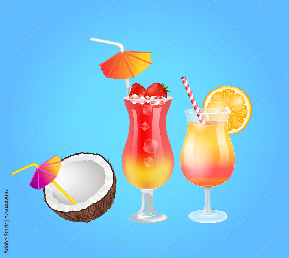 Cocktail in glass and coconut with strawberry and ice, straw umbrella and  orange slice decor. Summer beach party theme banner, vector placard sample.  Stock-vektor | Adobe Stock