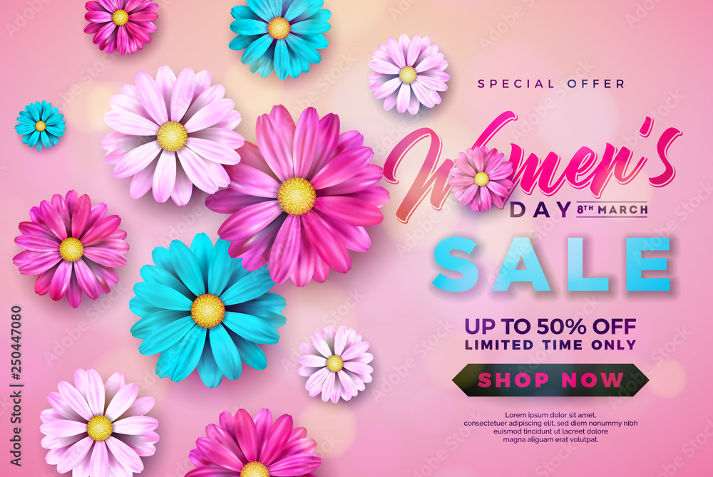 Womens Day Sale design with Beautiful Colorful Flower on Pink Background. Vector Floral Illustration Template for Coupon, Banner, Voucher or Promotional Poster. Womens Day Sale design with Beautiful Colorful Flower on Pink Background. Vector Floral Illustration Template for Coupon, Banner, Voucher or Promotional Poster.