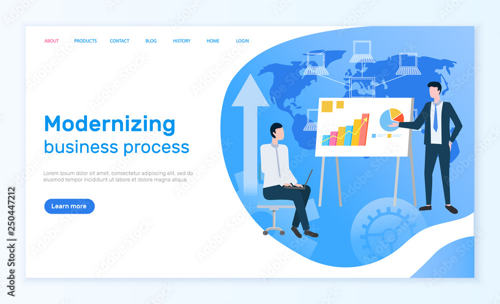 Modernizing business process online info page vector. graphic and charts or diagrams on presentation, businessmen and world map, man with laptop on chair. Website or webpage template landing page