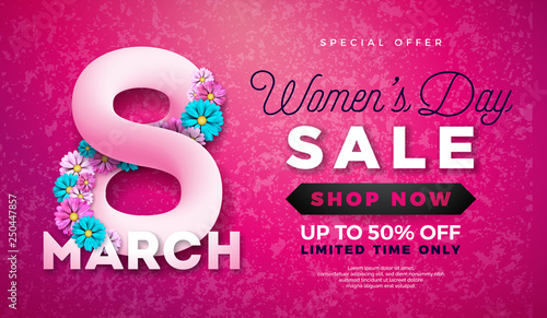 Womens Day Sale Design with Beautiful Colorful Flower on Pink Background. Vector Floral Illustration Template for Coupon, Banner, Voucher or Promotional Poster.