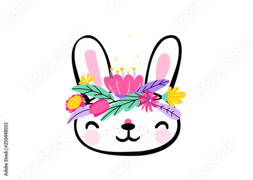 Cute easter bunny face with minimal fantasy spring flowers at his head. Vector illustration in hand drawing sketch outline style