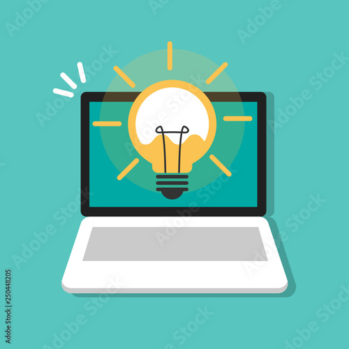 Light bulb with rays shine. Energy and idea symbol on laptop, computer icon