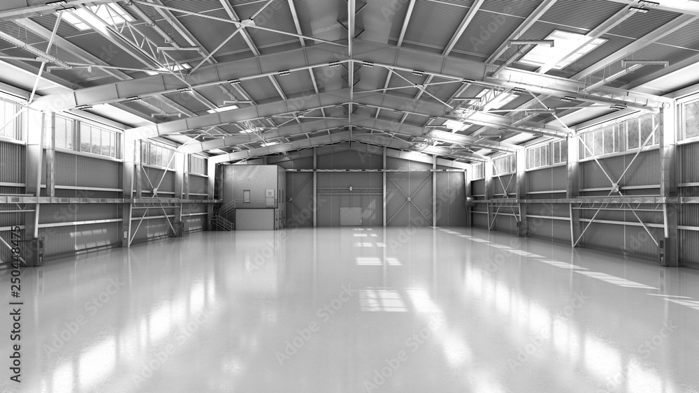 empty Hangar delivery warehouse 3d render illustration - obrazy, fototapety, plakaty 
