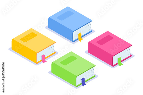 Isometric flat book icon. Multi-colored thick books with a bookmark and shadow. Yellow, blue, pink and green options. Can use for web banner, infographics, promotion.
