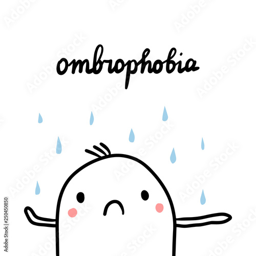 Ombrophobia hand drawn illustration with cute marshmallow under the rain