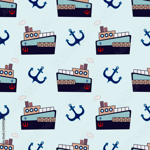 Bright seamless pattern with ships and anchors. Maritime theme.