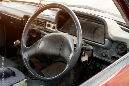 Vintage inside the old car for agricultural work.