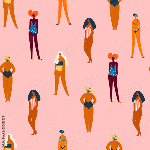 Various girls dressed in trendy swimsuits standing in various poses. Girl power concept. Female cartoon characters. Hand drawn colored vector seamless pattern. Pink background