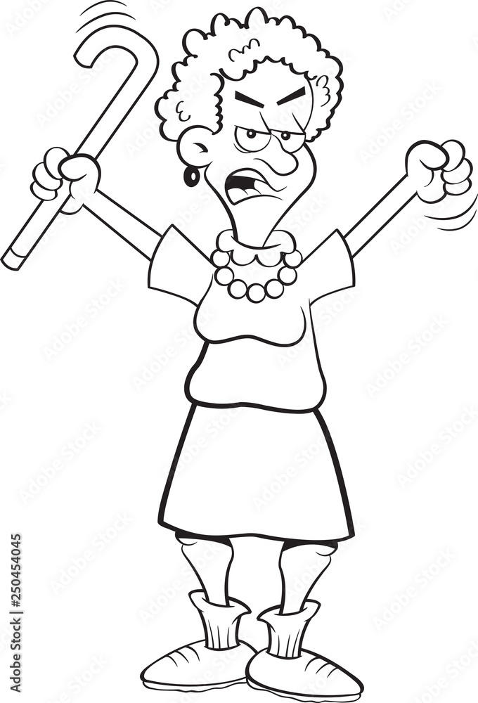 Black and white illustration of an angry senior citizen shaking a cane. Black and white illustration of an angry senior citizen shaking a cane.