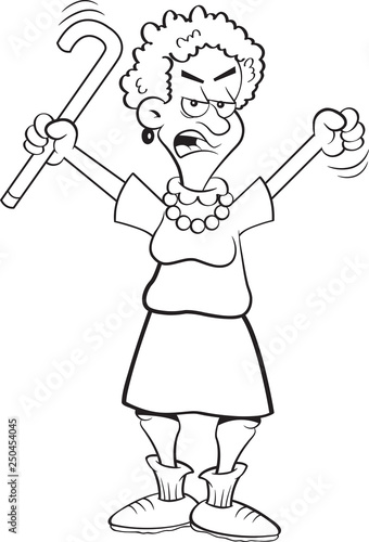 Black and white illustration of an angry senior citizen shaking a cane.