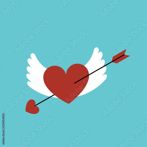 Valentine heart symbol. Heart with wings and and arrow