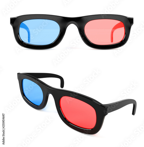 3d movie glasses. Colored spectacles for movie theater. 3d rendering illustration isolated on white background