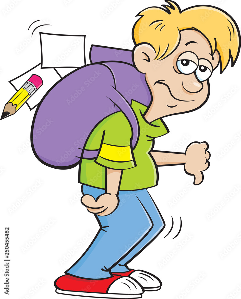 Cartoon illustration of a depressed boy with a large backpack.