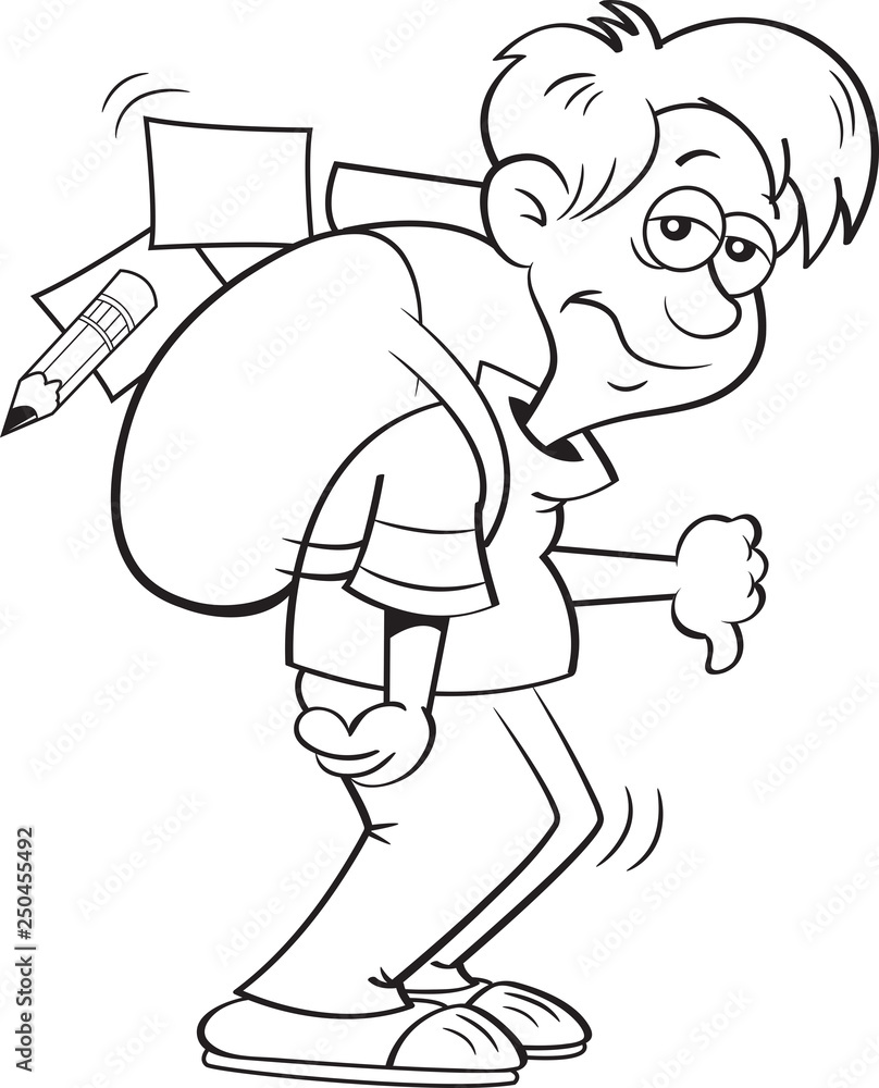 Black and white illustration of a depressed boy with a large backpack. Black and white illustration of a depressed boy with a large backpack.