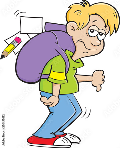 Cartoon illustration of a depressed boy with a large backpack.