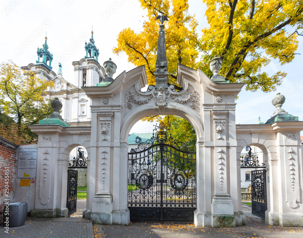  Entrance gate in Church of St Michael the Archangel and St Stanislaus Bishop and Martyr and Pauline Fathers Monastery (Skalka) in Krakow, Poland