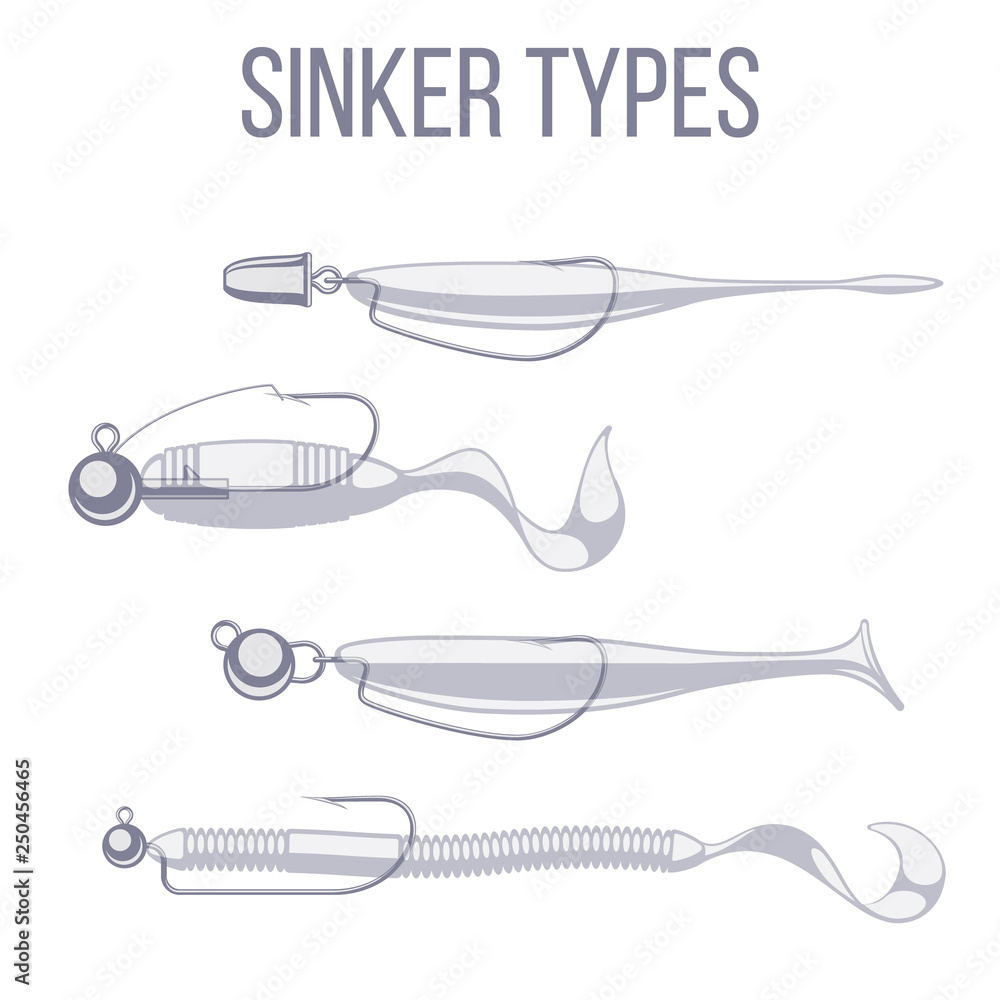Sinker types with offset hooks and jigs with soft plastic bait lures. Stock  Vector