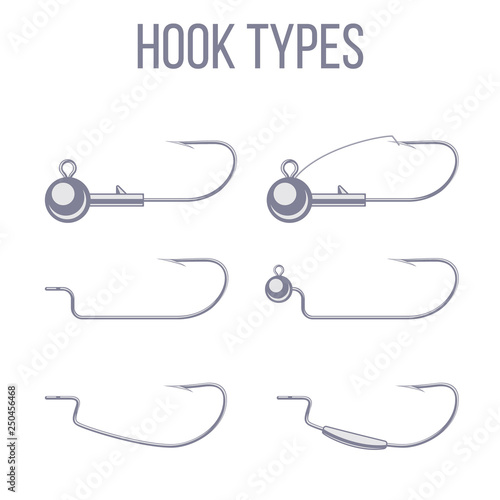 Hook and sinker types with offset hooks for catching predatory fish with soft plastic bait and spinning rod. 