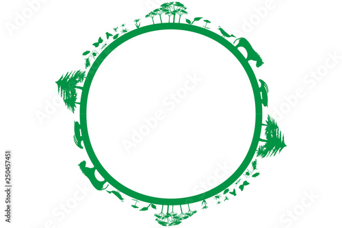 Círculo verde con ecosistemas, plantas y animales. 