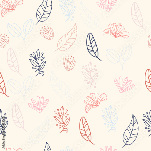 Vector floral pattern in doodle style with flowers and leaves. © Thitichaya