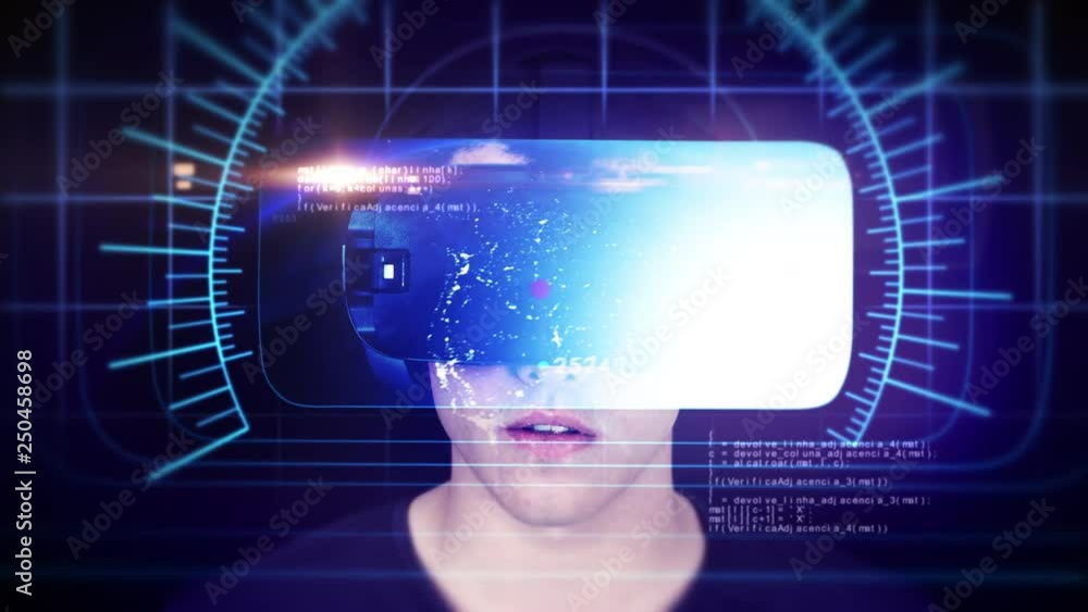 Young man wearing VR headset and experiencing virtual reality. Technology related digital earth network concept. Seamless Loop. Young man wearing VR headset and experiencing virtual reality. Technology related digital earth network concept. Seamless Loop.