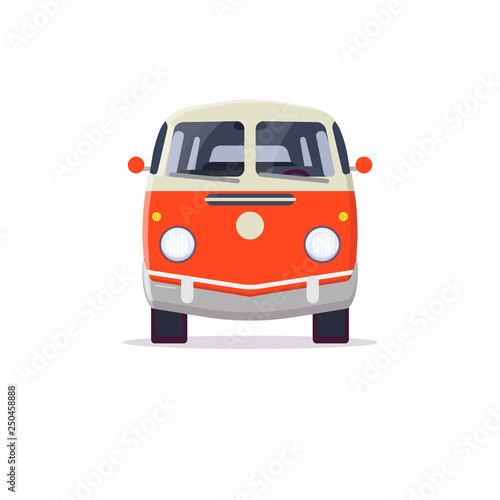Old style two colors minivan. Front view of red retro hippie bus. Line style vector illustration. Vehicle and transport banner. Retro style old car from 60s or 70s. 