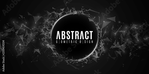 Abstract flying triangles and dots on a dark background. Geometric modern design. White glowing connected triangular elements. Scientific background for your project. Vector illustration. EPS 10