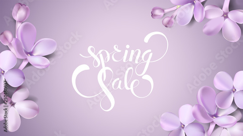 Spring elegant background with purple lilac flower petals and romantic lettering vector illustration. For advertising cards, flyer, banner, poster, coupone or brochure paper