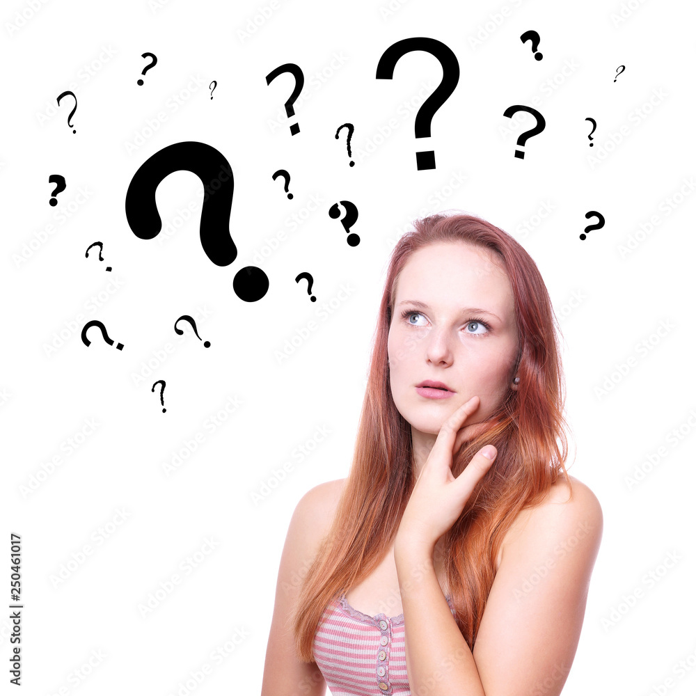 pensive young woman with question or interrogation marks above her head pensive young woman with question or interrogation marks above her head