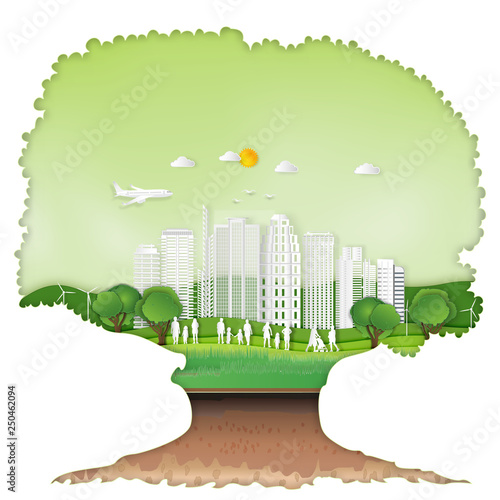Paper art , cut and craft layer style of trees and green eco urban city with people and nature cityscape background as Ecology and environment conservation creative concept. Vector illustration.