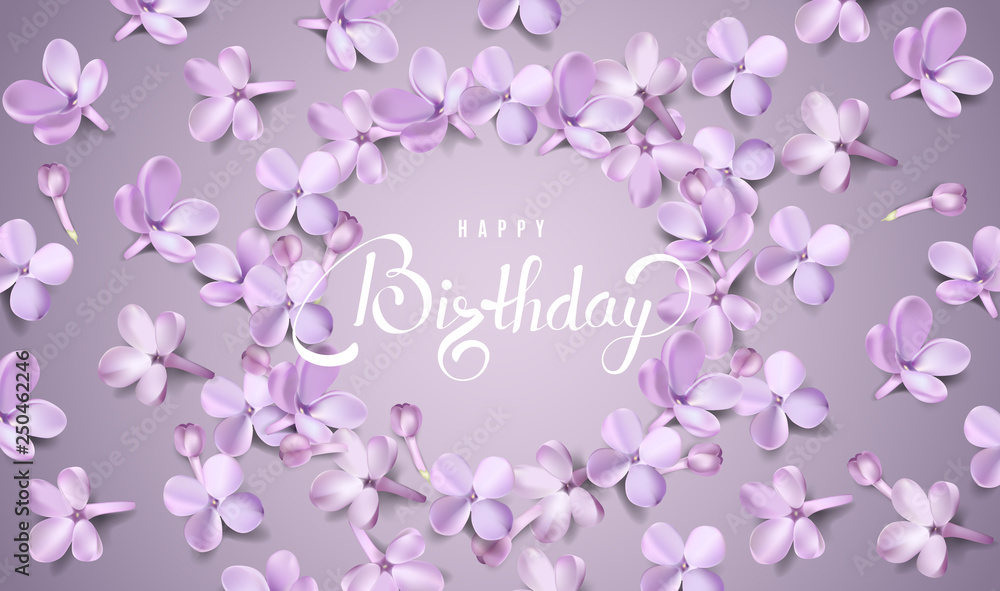 Happy Birthday background template with flower petals and lettering.
