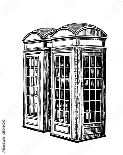 graphical typical London phone booth isolated on white background,vector sketch