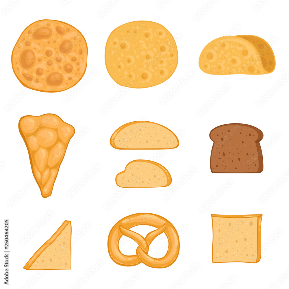 A set of baked goods paella, burrito, bagel, pizza, tortilla, toast, rye bread. Vector illustration. A set of baked goods paella, burrito, bagel, pizza, tortilla, toast, rye bread. Vector illustration.