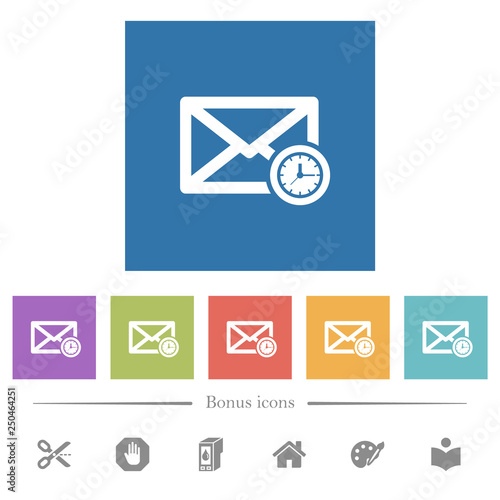 Queued mail flat white icons in square backgrounds