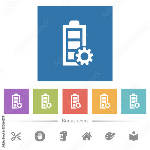 Power management flat white icons in square backgrounds