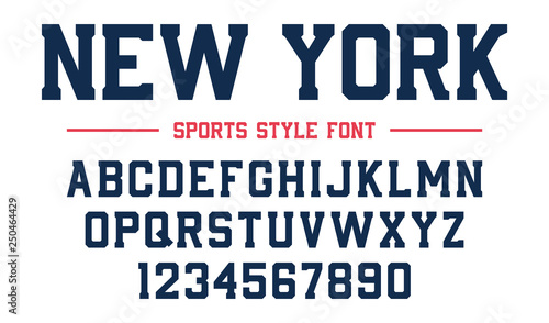 Classic college font. Vintage sport serif font in american style for football, soccer, baseball and basketball. Alphabet and numbers in varsity style