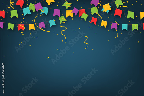 Carnival garland with pennants. Decorative colorful party flags with confetti for birthday celebration, festival and fair decoration. Festive background with hanging flags and pennants