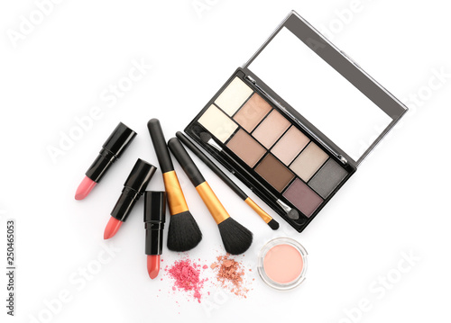 Set of cosmetics and makeup brushes on white background